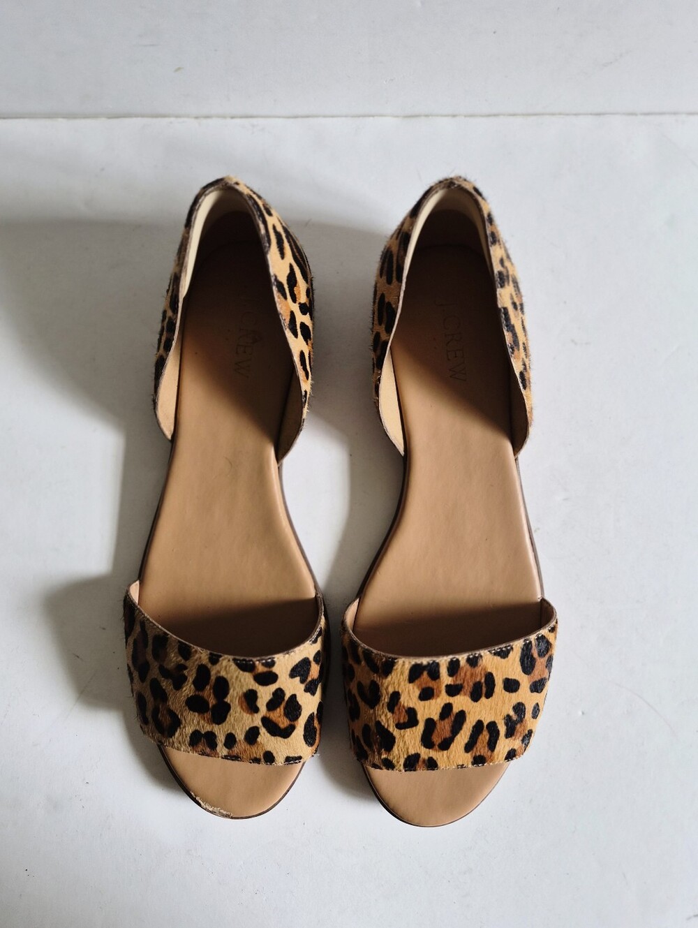 J.Crew Morgan Leopard Calf Hair Peep Toe Flats Size 9.5 Brown Tan Animal Print - Picture 2 of 16